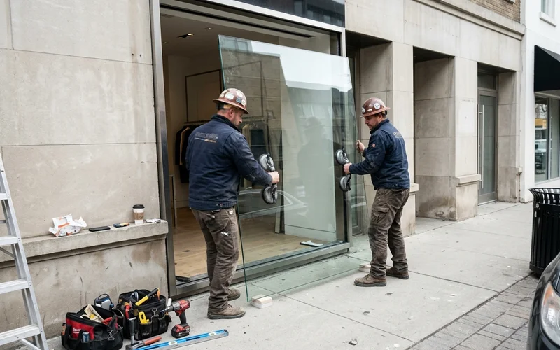 Glaziers setting a 10mm tempered storefront lite on new setting blocks