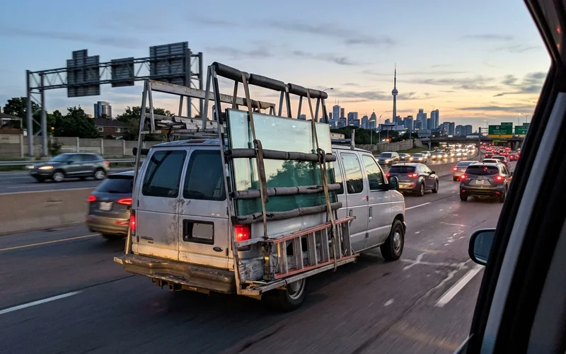 Glazing crew van with glass on an A-frame rack driving through the GTA