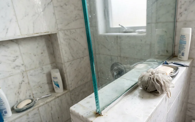 Old shower panel edge with green float-glass tint against white marble
