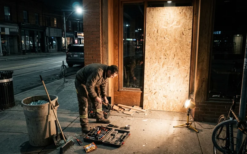 Restaurant entrance boarded with 15mm OSB late at night on Queen West