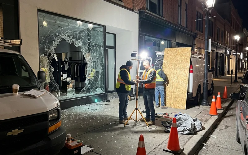 Smashed Yorkville display window at night with crew setting up work lights