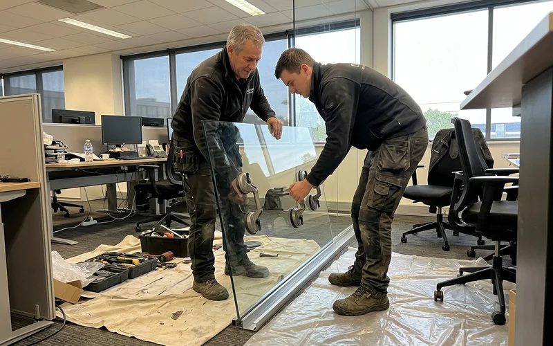 Two glaziers setting a 12mm partition panel into a floor U-channel after hours