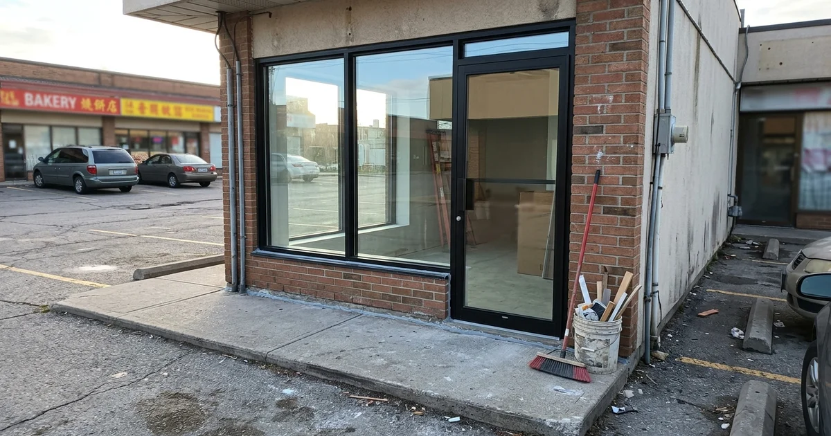Agincourt plaza storefront with two new tempered lites