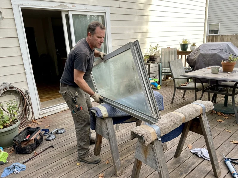 Glazier lifting a sliding patio panel off its track onto padded horses