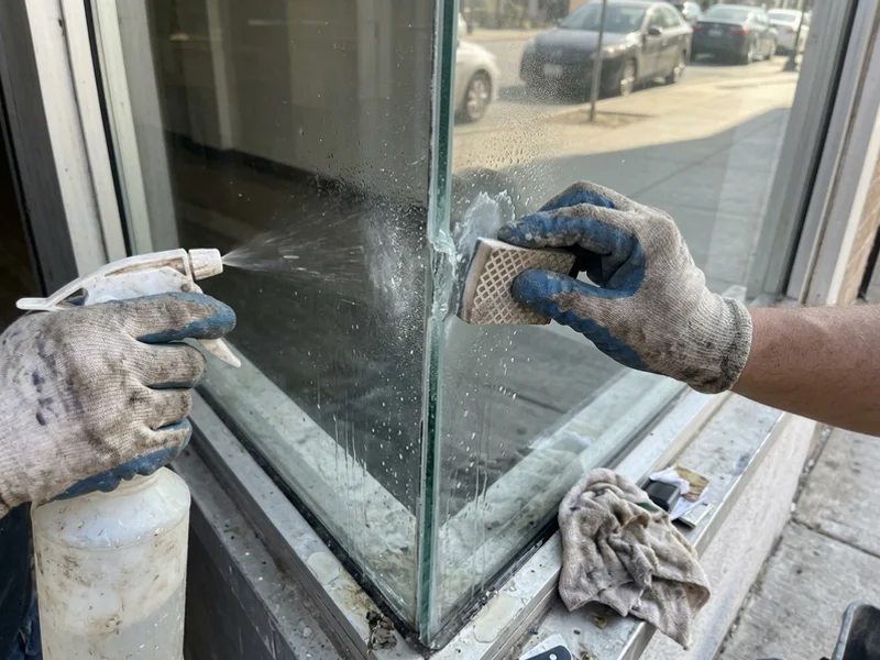 Diamond pad smoothing a chipped edge on storefront plate glass