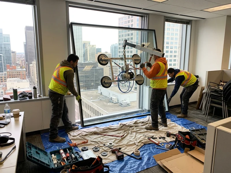Crew setting a new curtain wall IGU from inside an office with a vacuum lifter