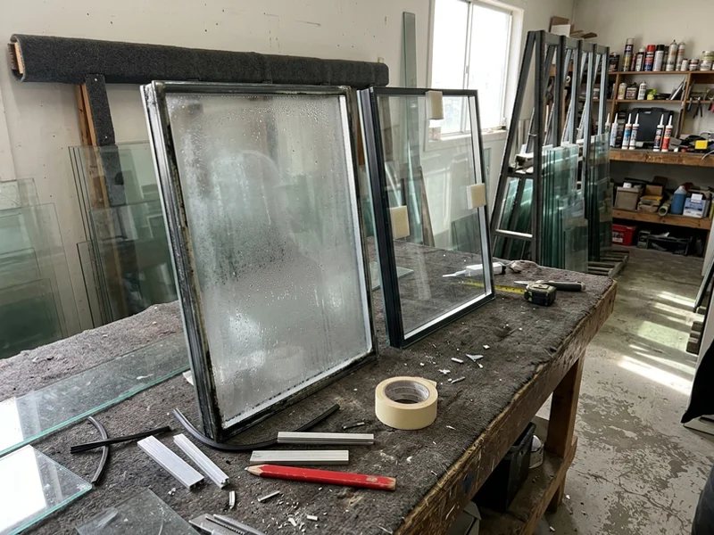 Failed foggy sealed unit beside a new clear replacement unit