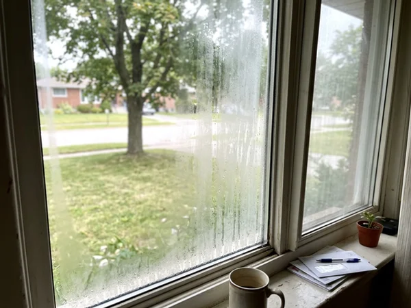 Mineral haze trapped inside a failed window seal on a Don Mills bungalow