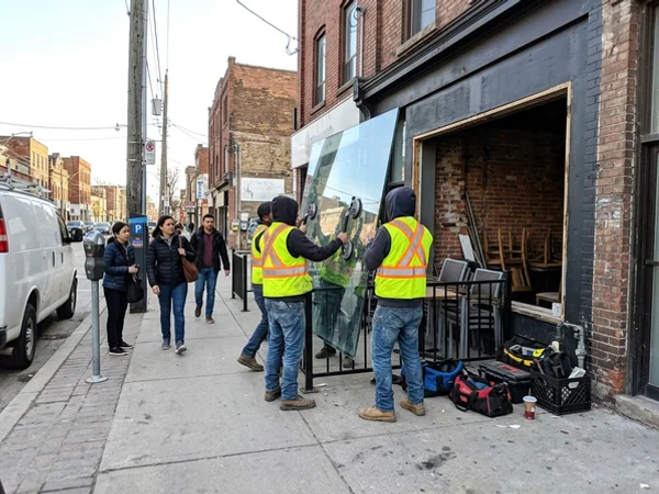 Crew carrying a SentryGlas laminated panel to a restaurant frontage on Ossington