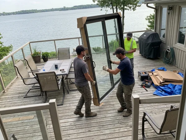 Crew carrying a patio door unit across a Mississauga deck
