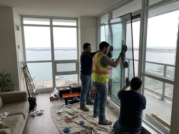 Crew installing a spec-matched sealed unit in a Harbourfront condo