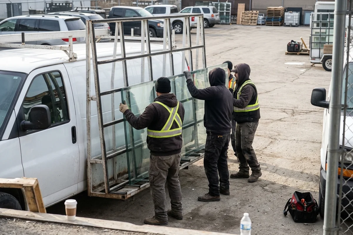 The crew unloading glass panels from the work van in Vaughan