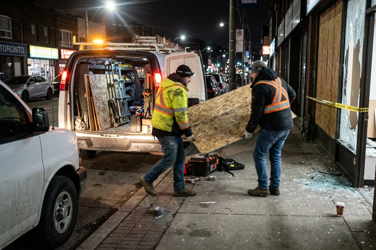 Emergency glazing crew arriving at night with OSB sheets for a smashed Toronto shop window
