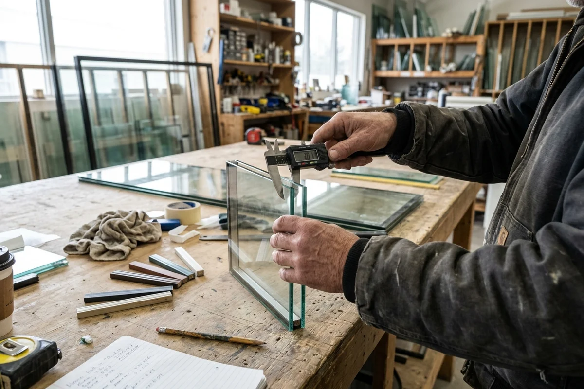 Glazier measuring a double-pane unit's overall thickness with a digital caliper