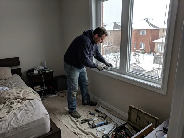 Glazier re-glazing a vinyl bedroom window in Springdale