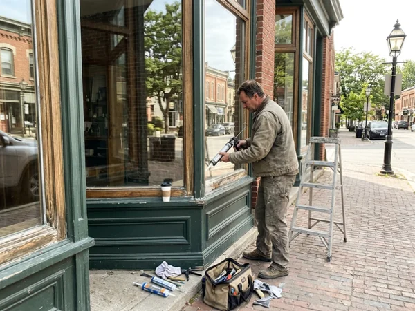 Glazier re-sealing a heritage storefront window in Markham Village