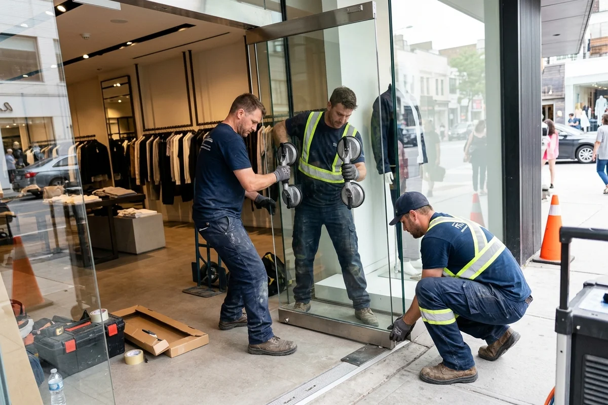 Glazing crew hanging a frameless tempered entrance door at a Bloor-Yorkville store