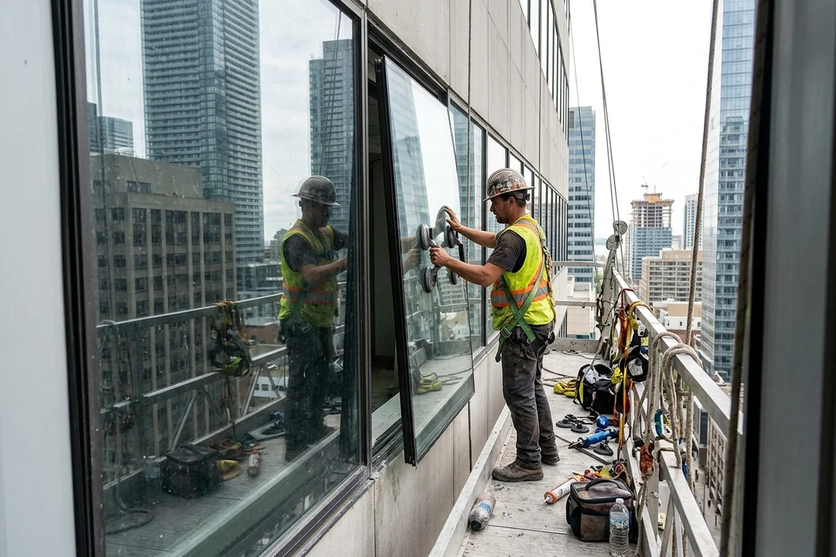 Glazing crew on a swing stage replacing a curtain wall unit on a Bay Street office