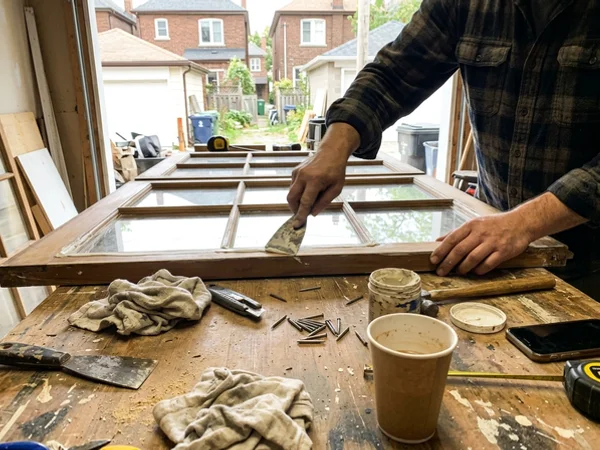 Heritage wood sash being re-glazed with putty in Bloor West Village