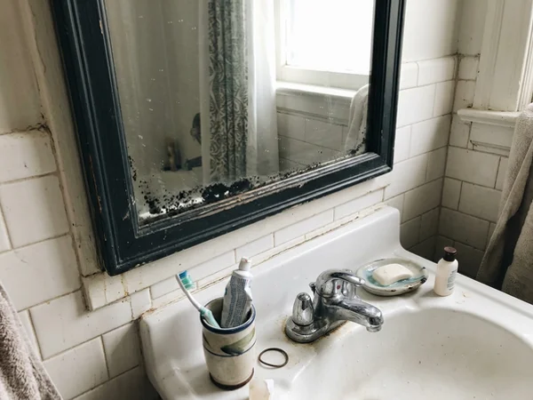 Vanity mirror with desilvering spots in a Cabbagetown bathroom