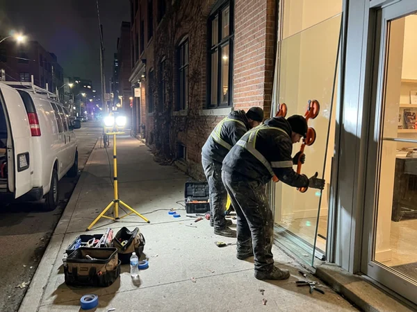 Same-night tempered sidelite going into a Liberty Village storefront