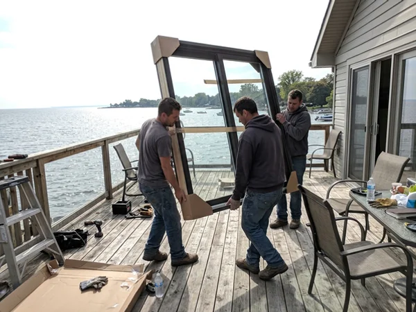 Crew carrying a tempered patio door unit across a Port Credit deck
