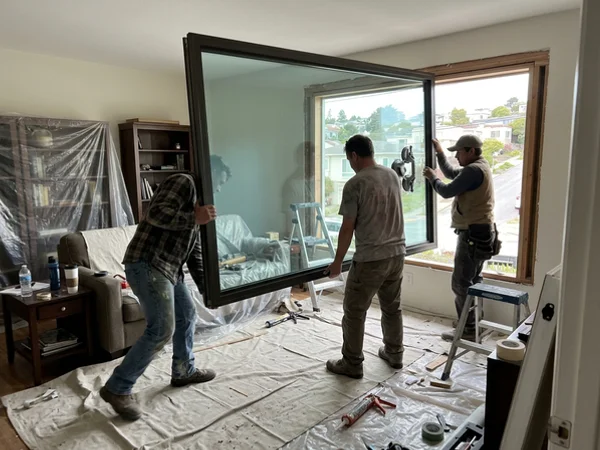 Crew lifting an oversized picture window unit in Bayview Hill
