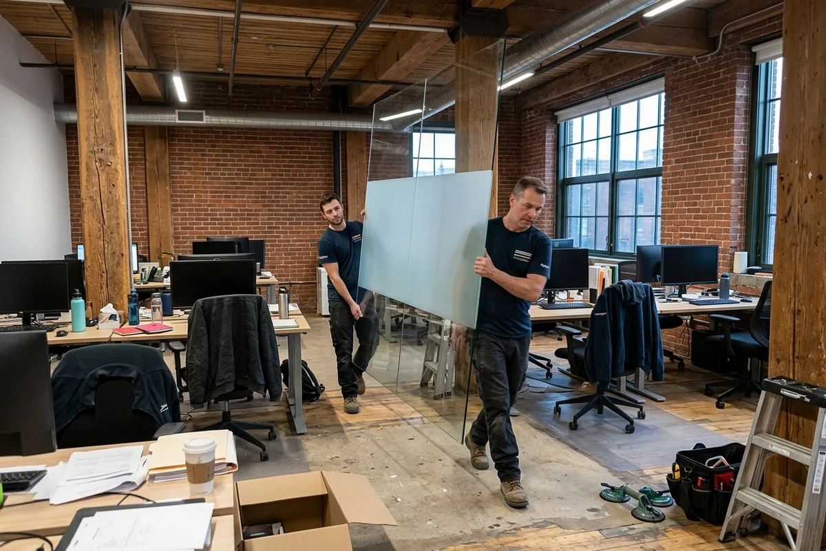 Two glaziers carrying a frosted-band partition panel through a Liberty Village office