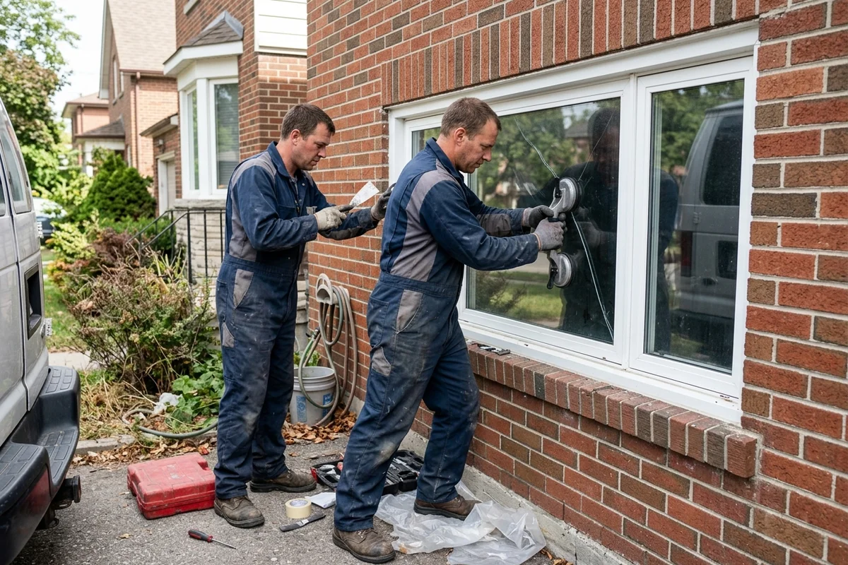 Two glaziers removing a cracked pane from a vinyl casement on a Leaside brick house
