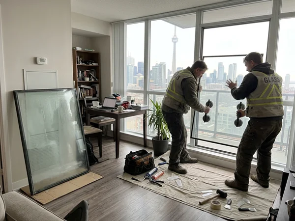 Glaziers swapping a foggy condo sealed unit with the CN Tower outside