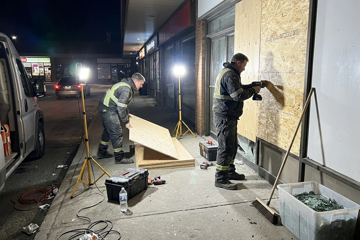 Two-person crew boarding a broken plaza storefront with 15mm OSB at night