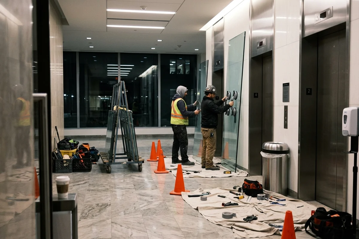 Glazing crew replacing a lobby glass panel beside elevators at night