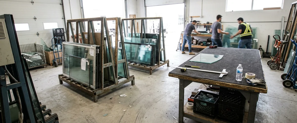 The Vaughan glass shop with racks of sealed units and tempered panels